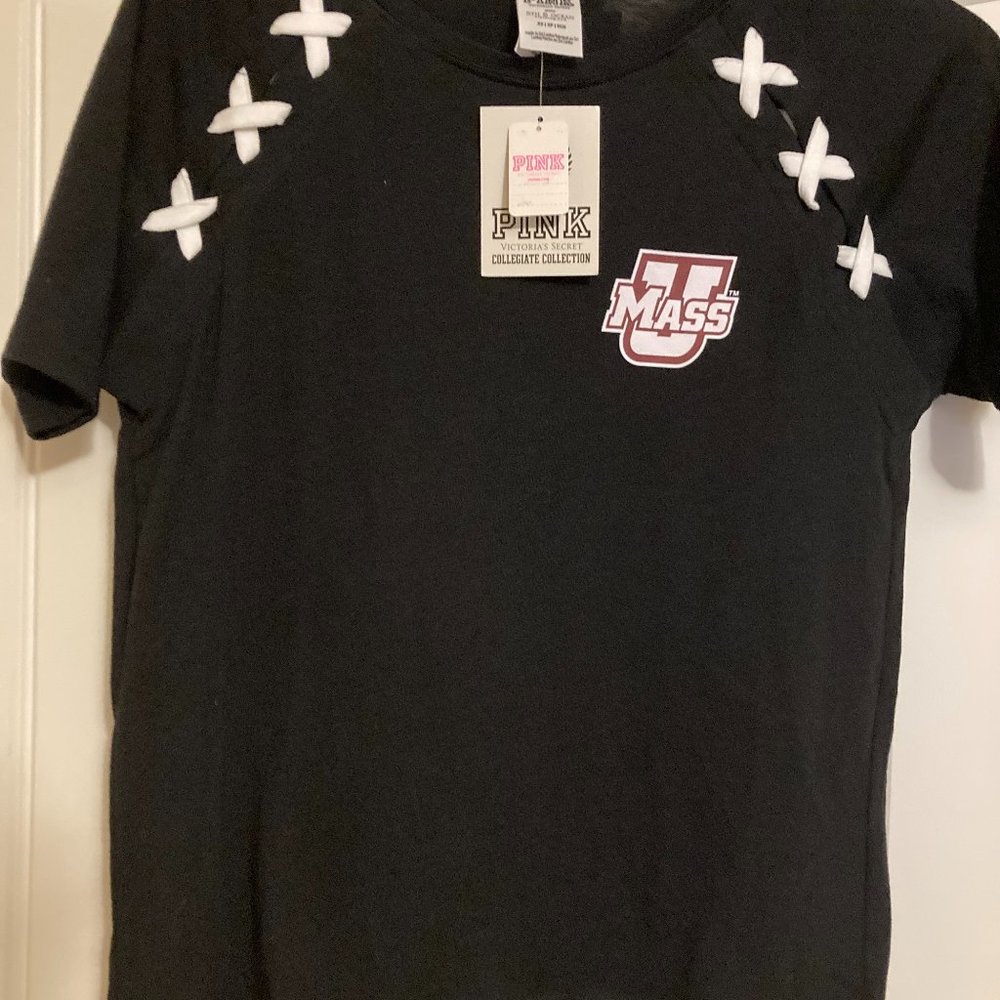 UMass Victorias Secret Pink Collegiate Collection Black T Shirt Xtra Small NWT